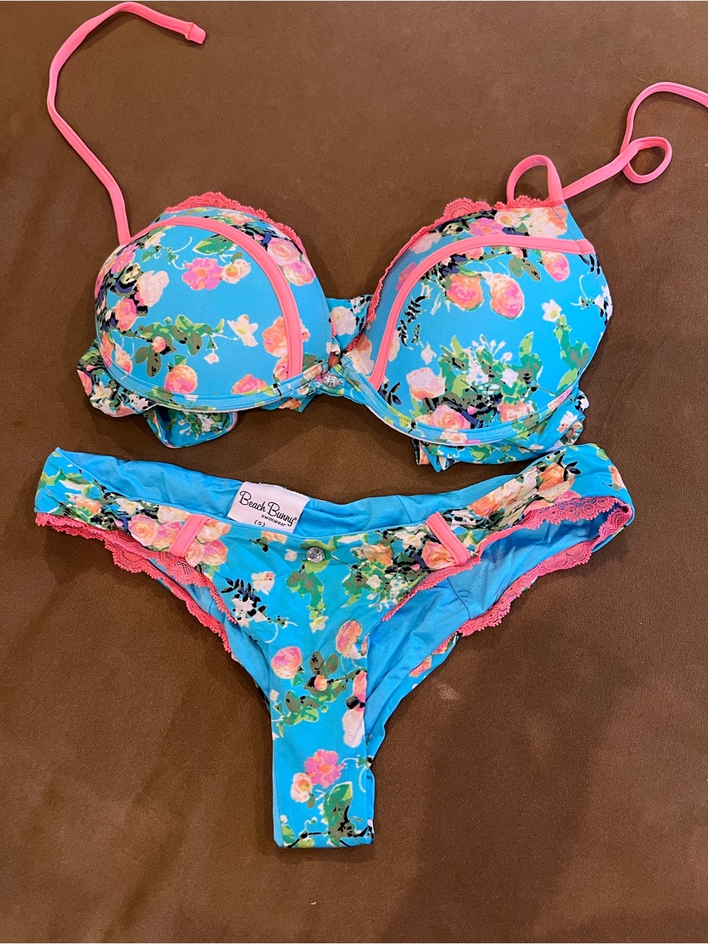 Beach Bunny Turquoise Floral Push-Up Bikini with Pink Trim
